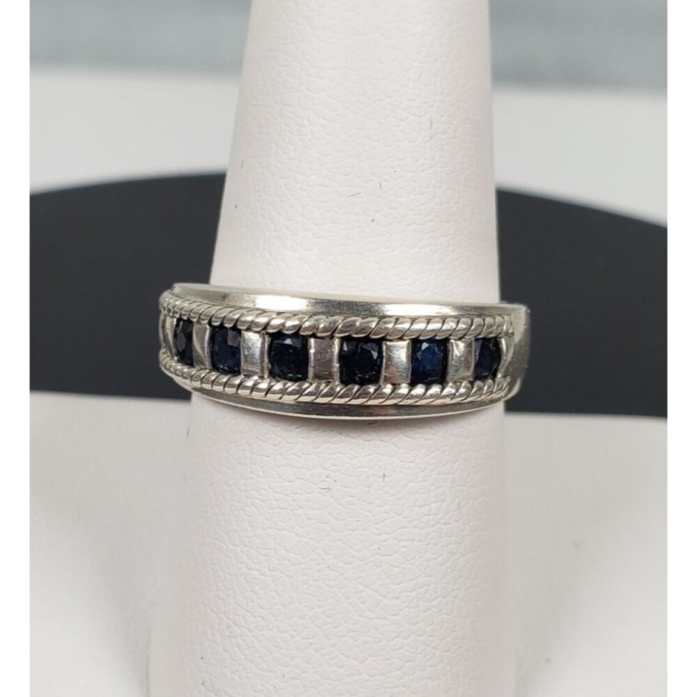 Vintage Signed CNA 7 Deep Blue Sapphire Sterling Silver 925 Ring Size 9